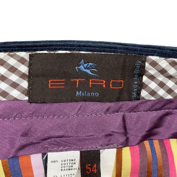 Etro Milano 54 Cotton Lycra Navy Cords Zipper Closure Pockets Made in Italy - Picture 2 of 6